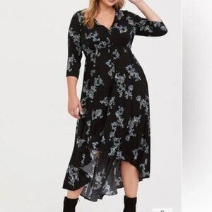 TORRID Dress 2 Black Floral Maxi High Low Hem V Neck 3/4 Sleeve Button Front